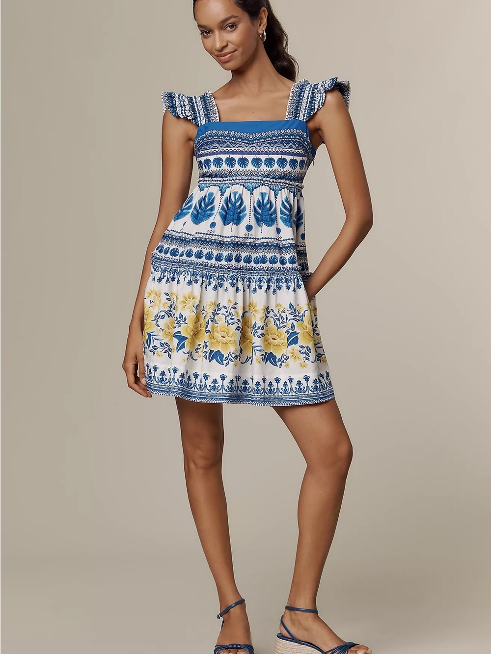 Farm Rio Zuli Cotton Flutter-Sleeve Mini Dress